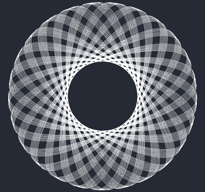 Drawing of a hypotrochoid plot shaped like a donut with many intersecting lines and patterns