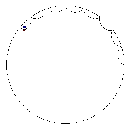 A circular shape with 20 cusps is drawn by a circle rolling around the interior of another fixed circle
