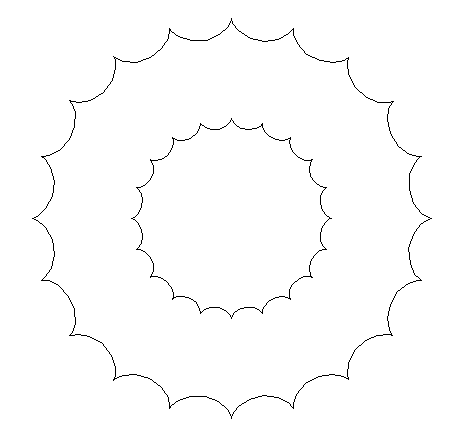 A circular shape with 20 cusps is drawn by a circle rolling around the interior of another fixed circle and then an identical shape that is half the size is drawn right in the center